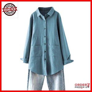 Plus Size Linen Tunic Top with Pockets Button Down Blouse